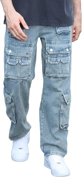 Mens Baggy Cargo Jeans Wide Leg Streetwear Jeans Loose Fit Hip Hop Denim Pants