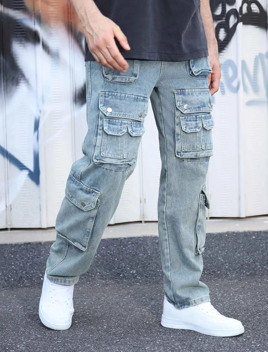Mens Baggy Cargo Jeans Wide Leg Streetwear Jeans Loose Fit Hip Hop Denim Pants