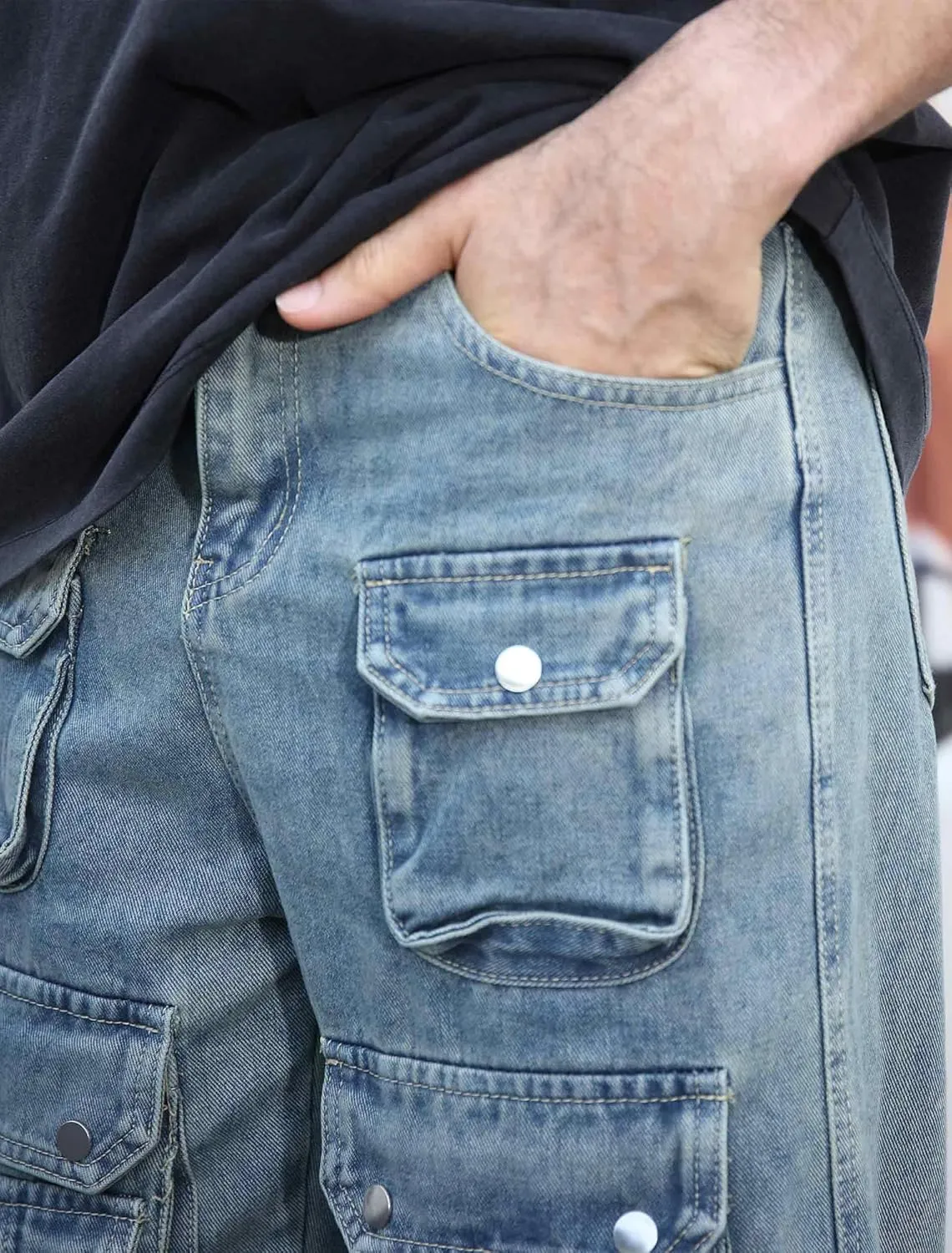 Mens Baggy Cargo Jeans Wide Leg Streetwear Jeans Loose Fit Hip Hop Denim Pants