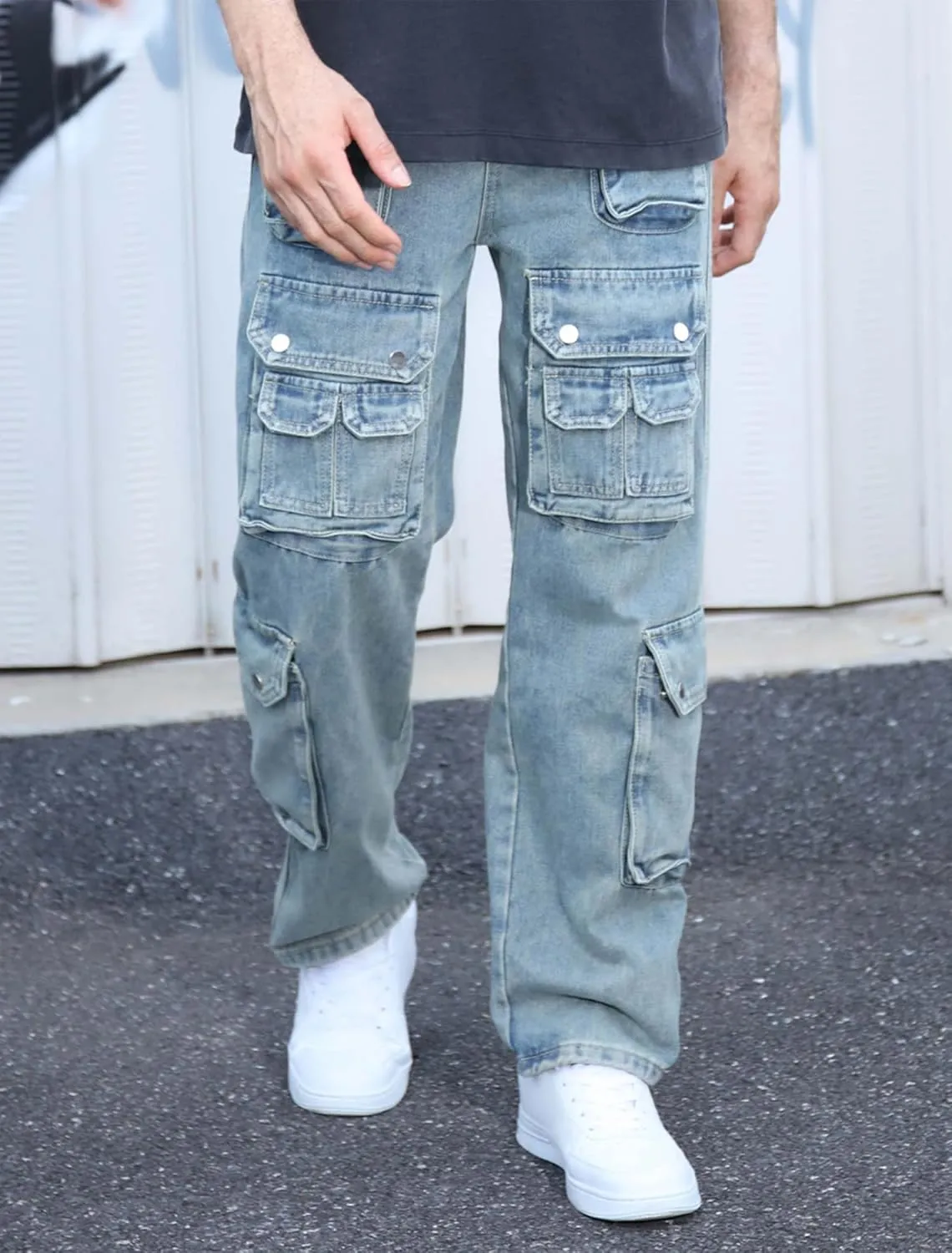 Mens Baggy Cargo Jeans Wide Leg Streetwear Jeans Loose Fit Hip Hop Denim Pants