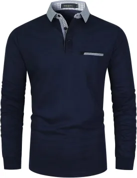 Mens Long Sleeve Polo Shirt Basic Slim Fit Long Sleeve Polo Men's Cotton Polo Shirts with Pocket Golf Shirts Men
