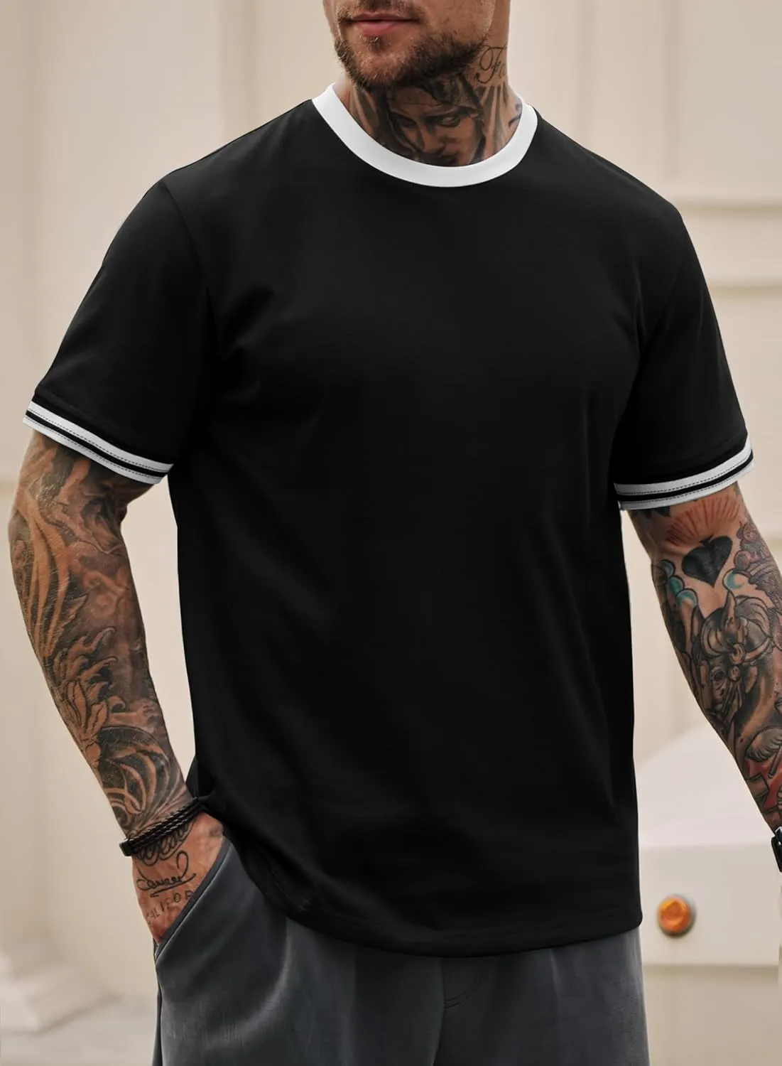 Mens Ringer Tshirt Casual Heavyweight Summer Crewneck Short Sleeve Shirts (S-XXL)