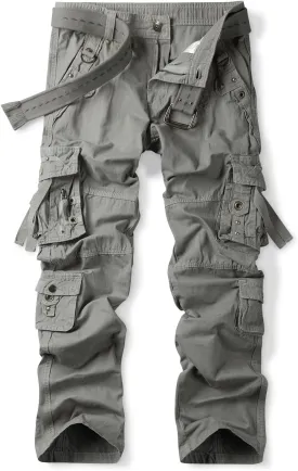 OCHENTA Men's Cotton Casual Baggy Cargo Work Travel Pants with Multi Pockets Relaxed Loose Fit (No Belt)