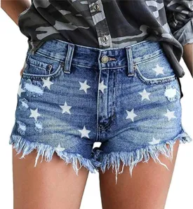 onlypuff Women's Ripped Mid Waisted Denim Shorts with Pockets