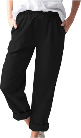 Pants for Women Trendy 2024 Casual Summer Elastic Waist Cotton Linen Pants Straight Leg Crop Trousers