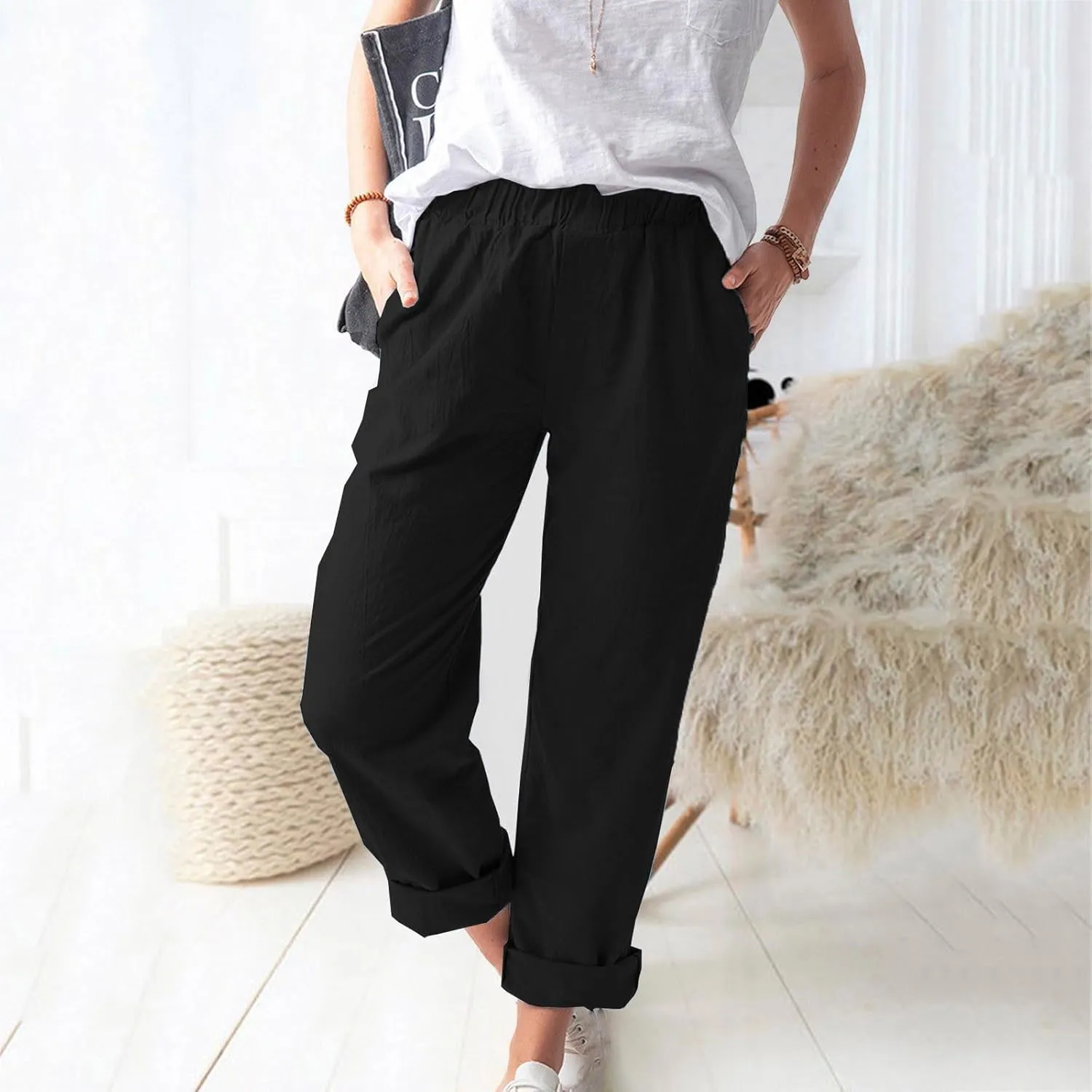 Pants for Women Trendy 2024 Casual Summer Elastic Waist Cotton Linen Pants Straight Leg Crop Trousers