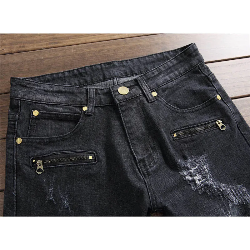 Plaid Patch Zipper Slim fit Biker Denim Jeans