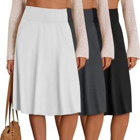 Riyiper 3 Pack Women's Knee Length Skirts, Casual High Waisted Flared Midi A Line Summer Basic Pull-on Skirts with Pockets