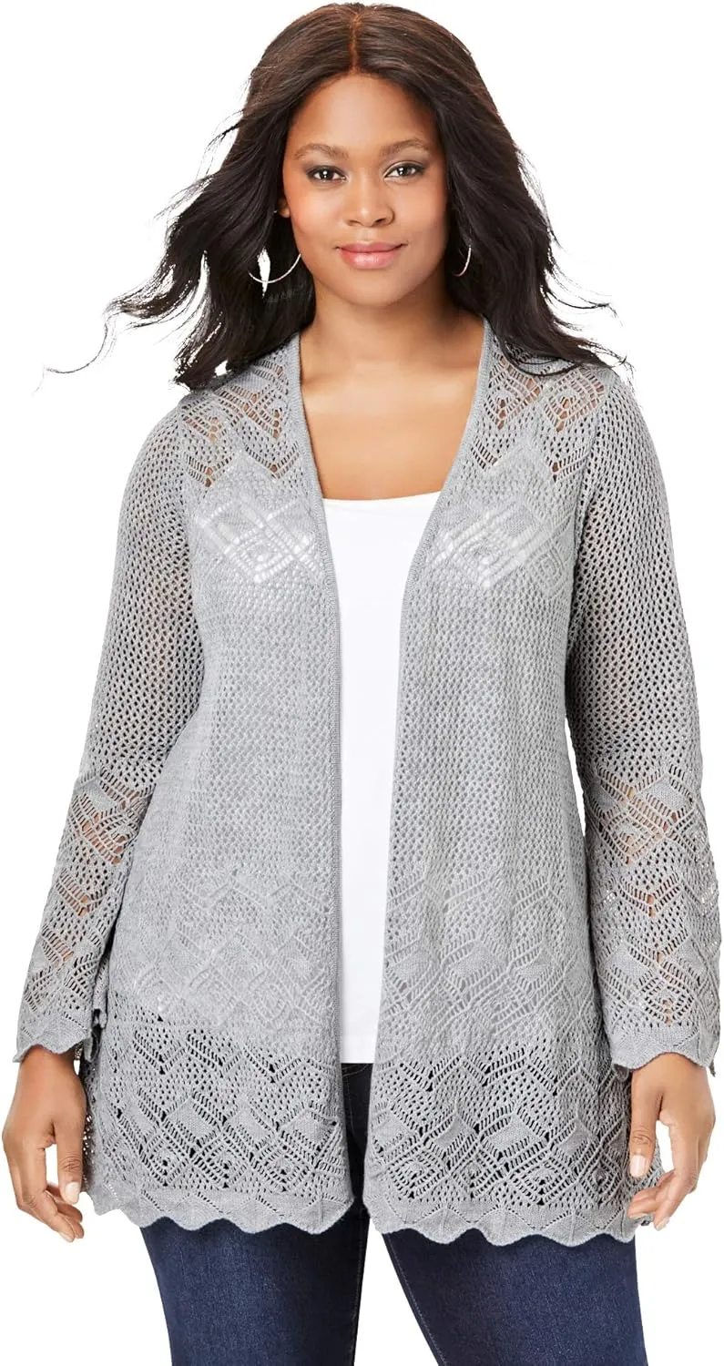 Roaman's Women's Plus Size Bell Sleeve Pointelle Cardigan