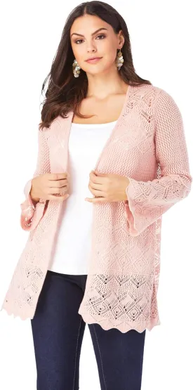 Roaman's Women's Plus Size Bell Sleeve Pointelle Cardigan