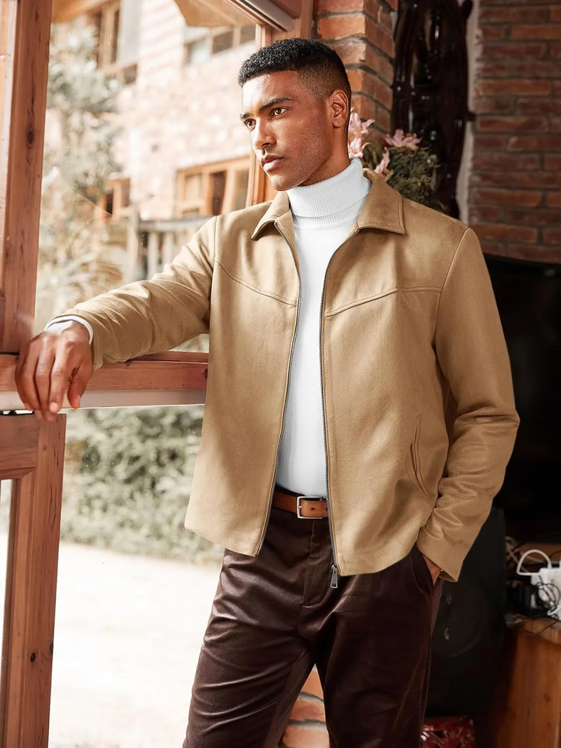 Runcati Men's Suede Jacket Full Zip Casual Vintage Jackets Lightweight Classic Trucker Coat