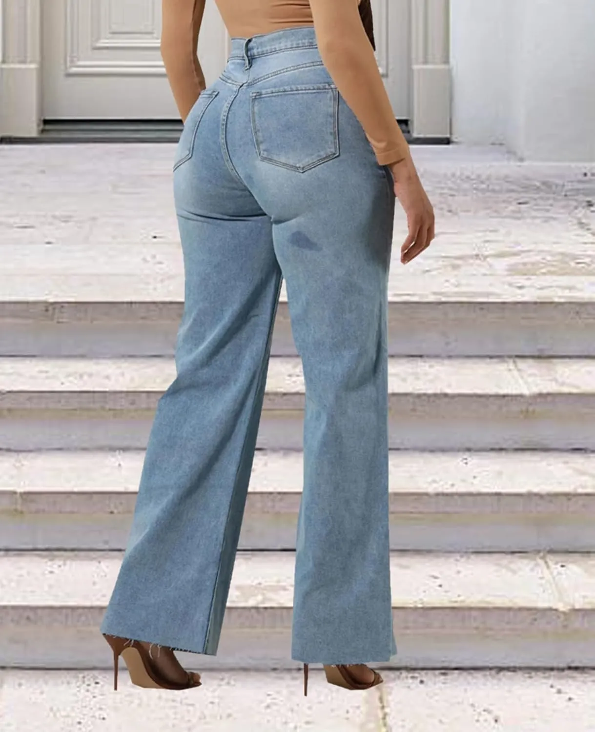 Skinny Bell Bottom Jeans for Women High Waisted Elastic Ripped Hole Flare Jeans Classic Denim Pants