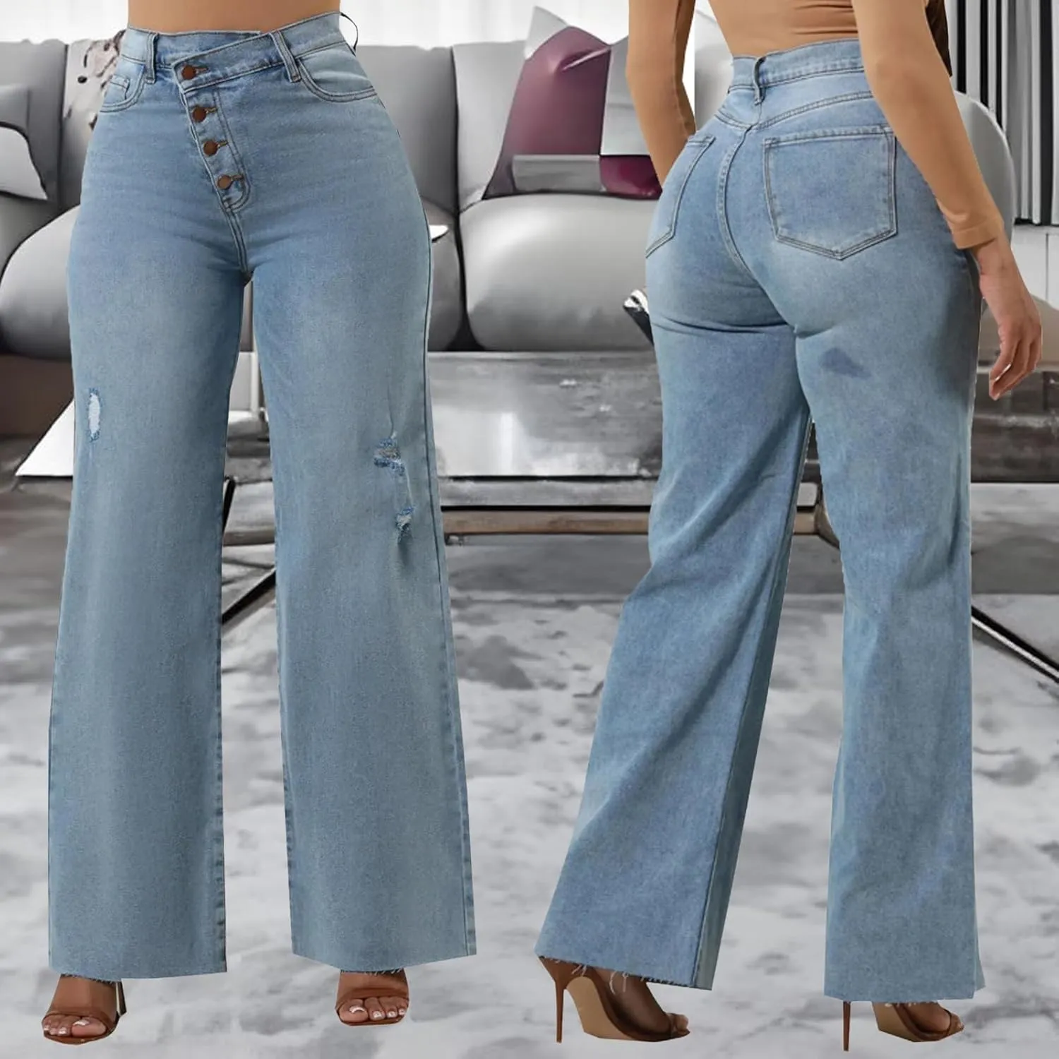 Skinny Bell Bottom Jeans for Women High Waisted Elastic Ripped Hole Flare Jeans Classic Denim Pants