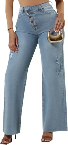 Skinny Bell Bottom Jeans for Women High Waisted Elastic Ripped Hole Flare Jeans Classic Denim Pants
