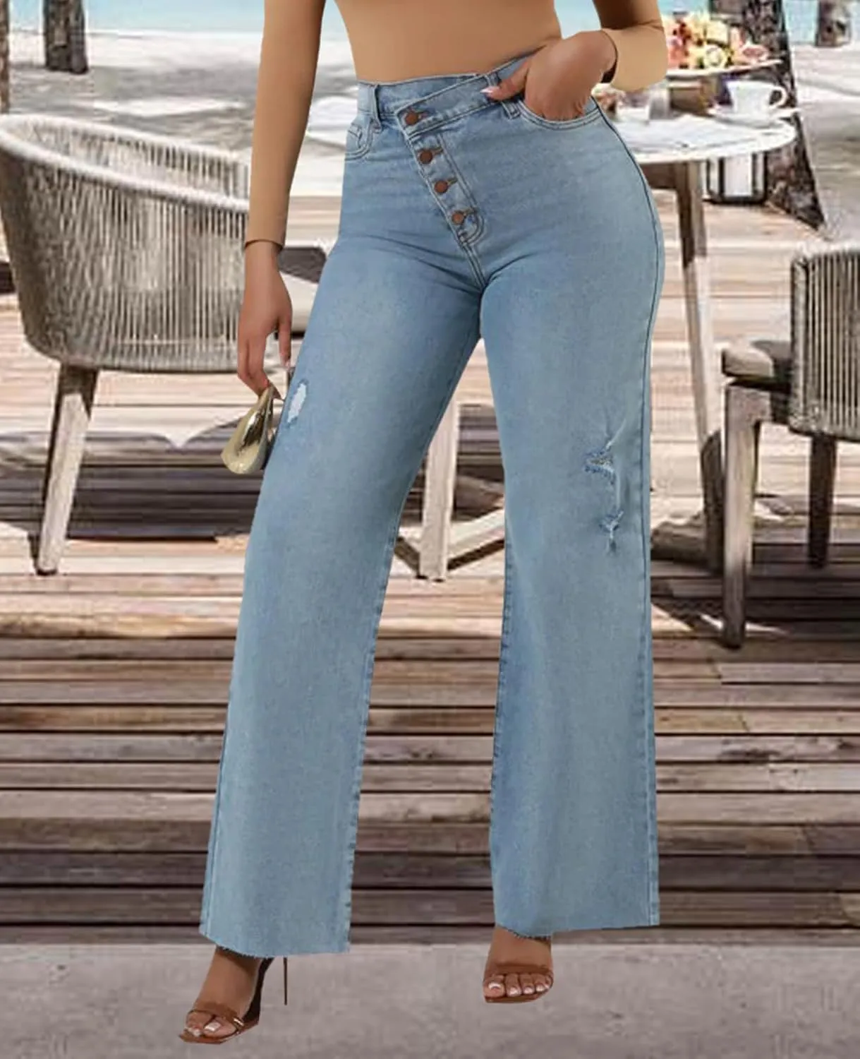 Skinny Bell Bottom Jeans for Women High Waisted Elastic Ripped Hole Flare Jeans Classic Denim Pants