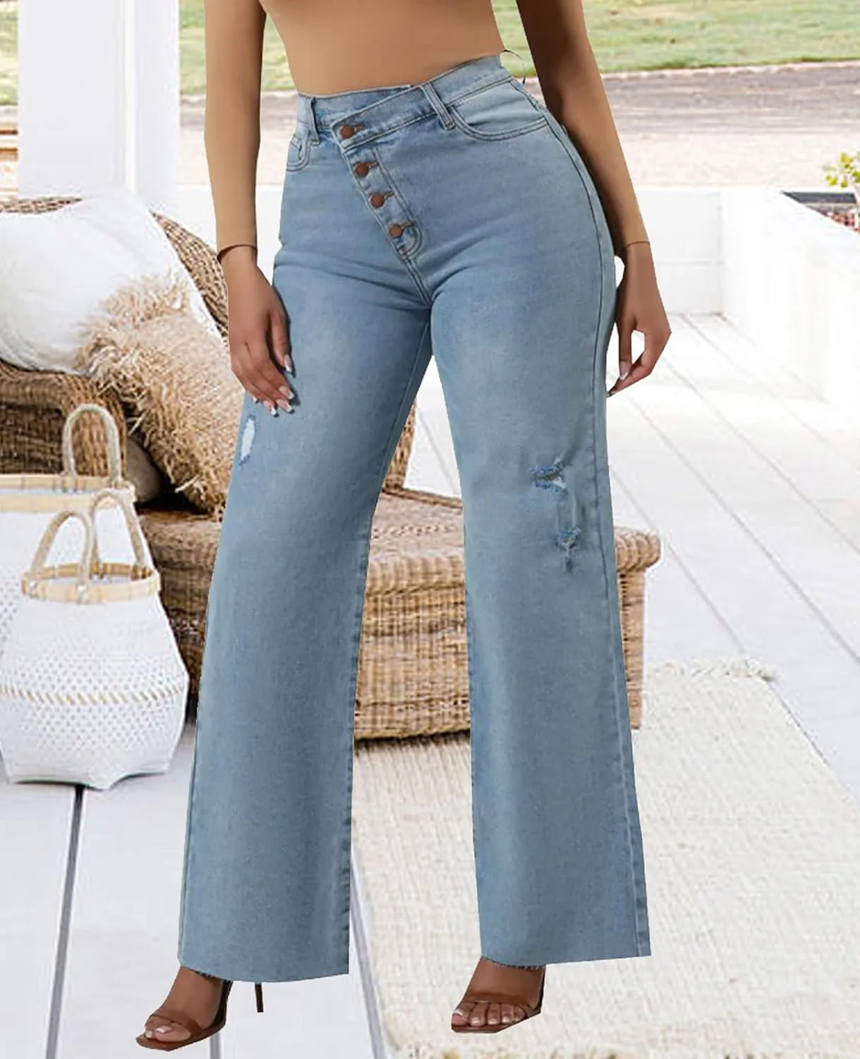 Skinny Bell Bottom Jeans for Women High Waisted Elastic Ripped Hole Flare Jeans Classic Denim Pants