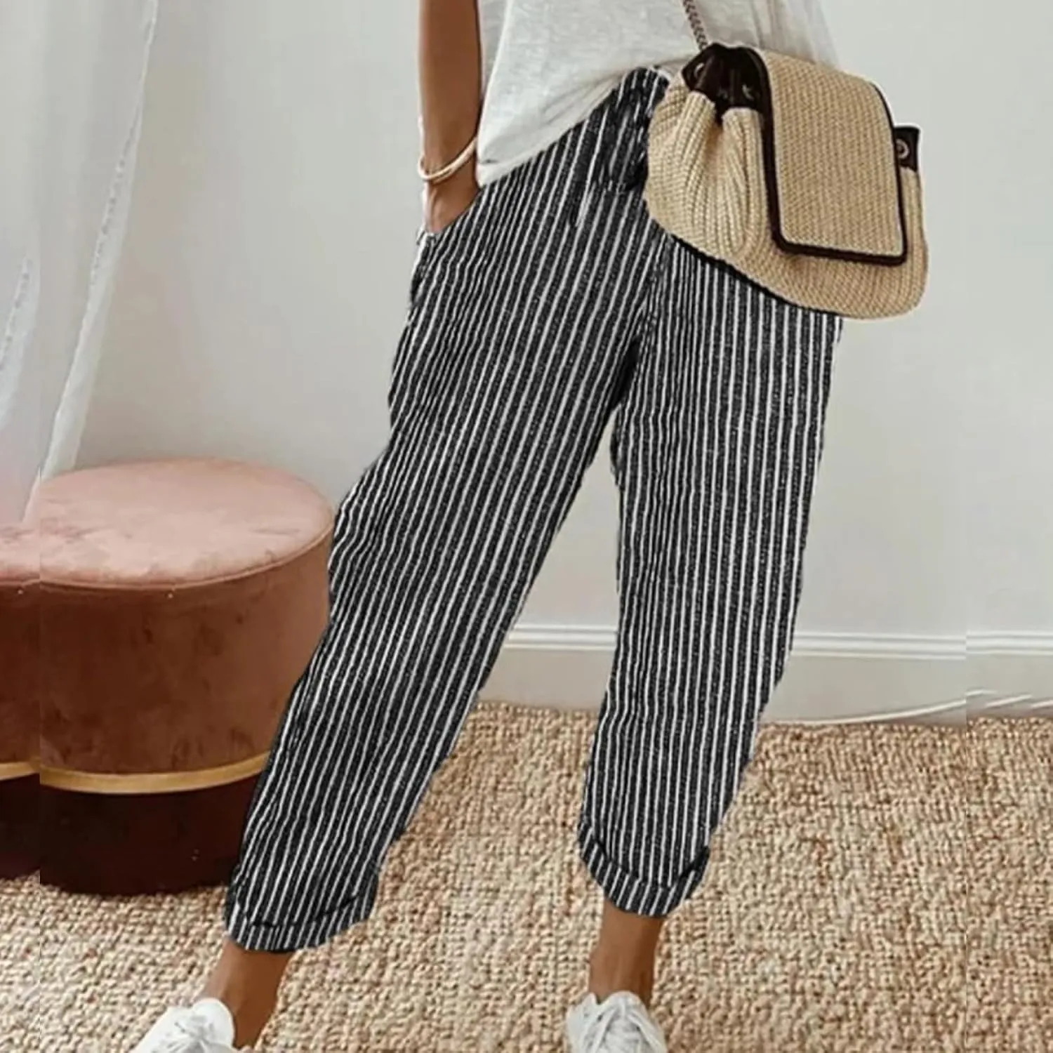 Summer Pants for Women, Drawstring Baggy Beach Trousers High Waisted Vacation Wide Leg Business Slacks Outfits
