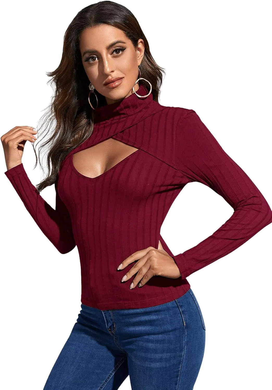 SweatyRocks Women's Long Sleeve Turtleneck Cut Out Front Ribbed Knit Tee Shirt