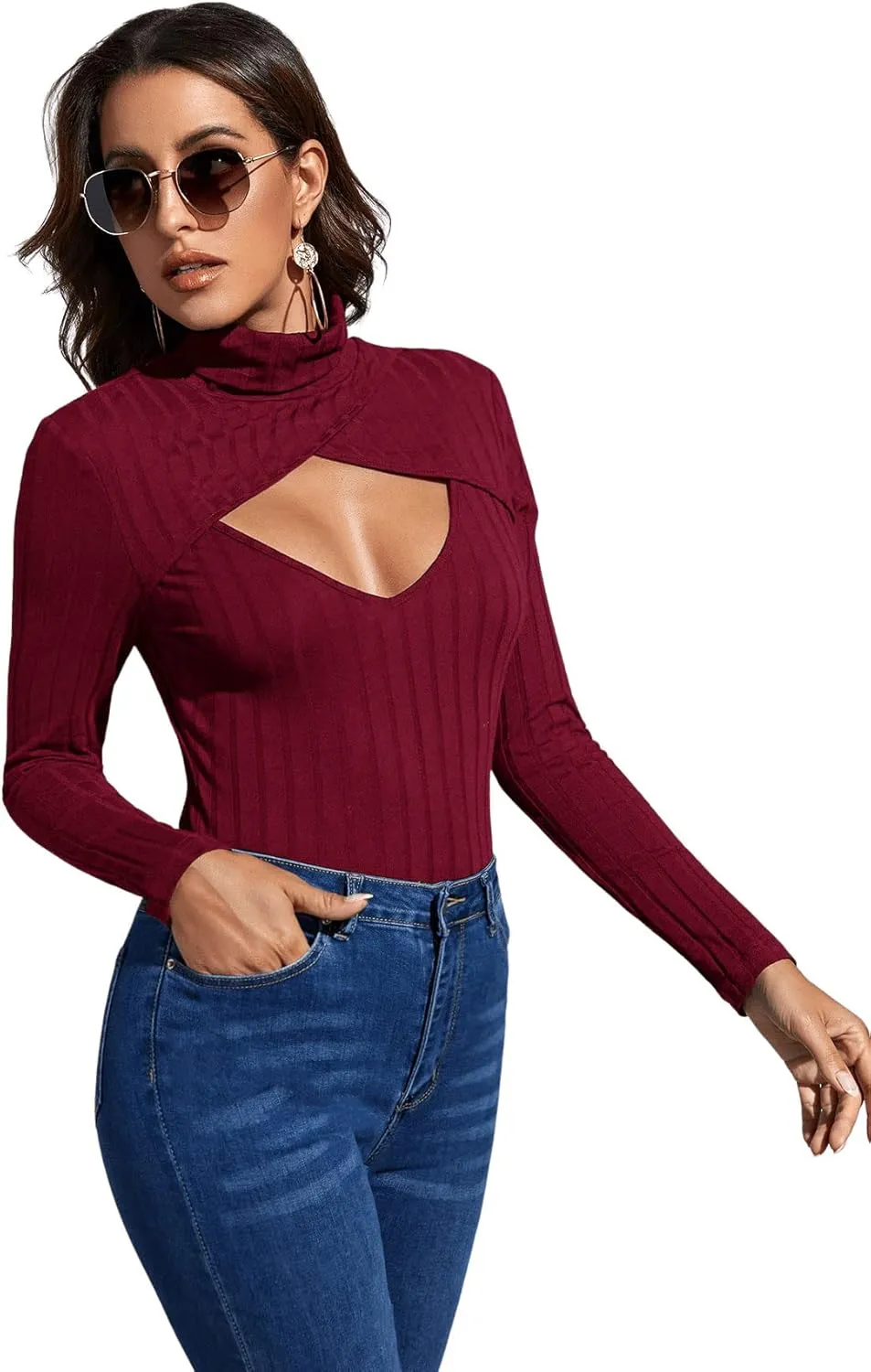 SweatyRocks Women's Long Sleeve Turtleneck Cut Out Front Ribbed Knit Tee Shirt