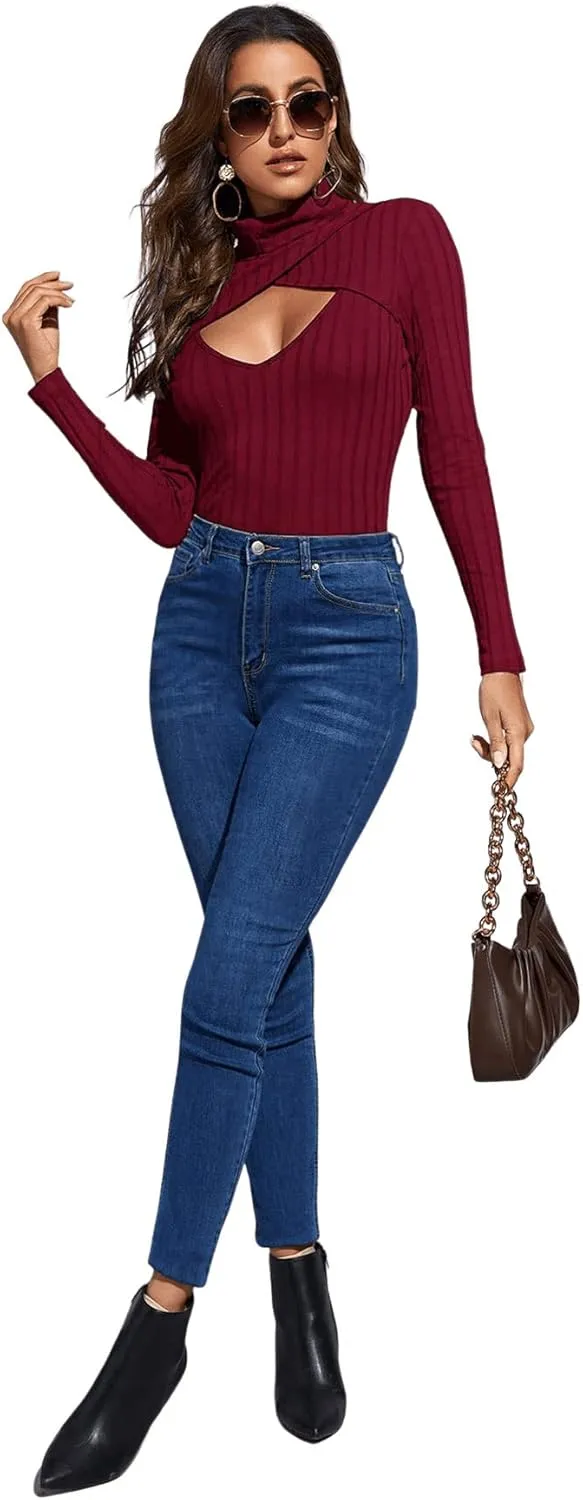 SweatyRocks Women's Long Sleeve Turtleneck Cut Out Front Ribbed Knit Tee Shirt