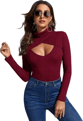 SweatyRocks Women's Long Sleeve Turtleneck Cut Out Front Ribbed Knit Tee Shirt