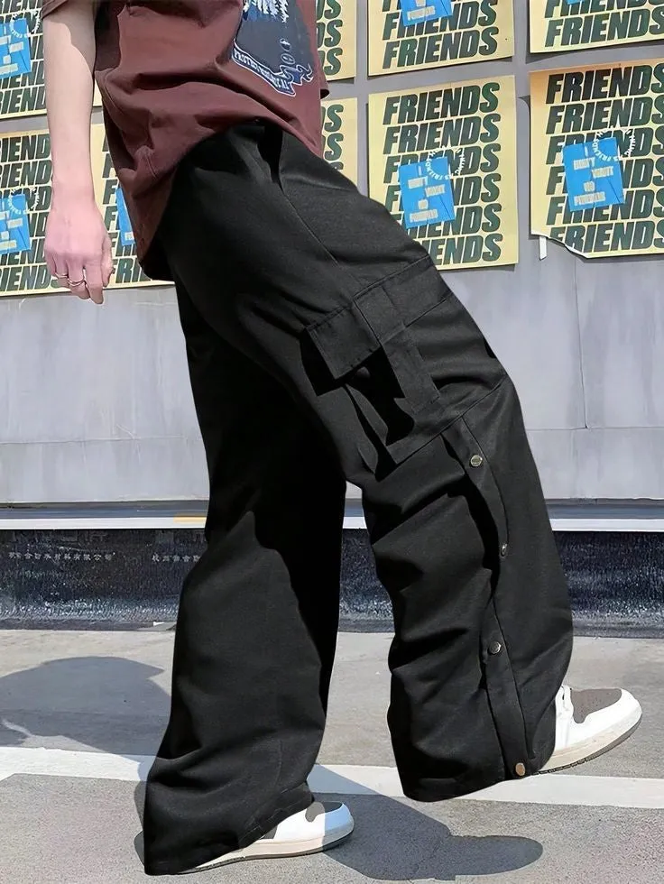 Vintage Black Utility Cargo Pants Flap Pocket Wide Leg Y2K Pants Streetwear Casual Drawstring Elastic Waist Cargo Pants For Mens