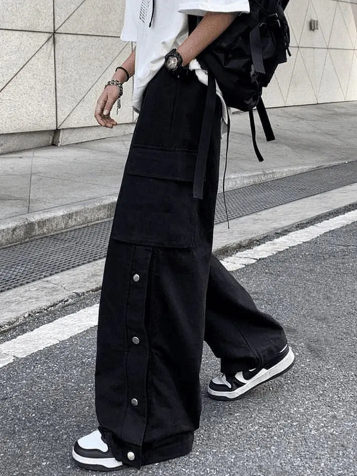 Vintage Black Utility Cargo Pants Flap Pocket Wide Leg Y2K Pants Streetwear Casual Drawstring Elastic Waist Cargo Pants For Mens