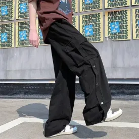 Vintage Black Utility Cargo Pants Flap Pocket Wide Leg Y2K Pants Streetwear Casual Drawstring Elastic Waist Cargo Pants For Mens