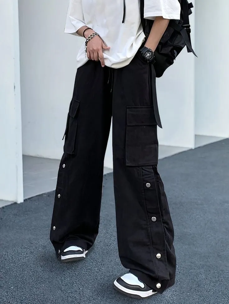 Vintage Black Utility Cargo Pants Flap Pocket Wide Leg Y2K Pants Streetwear Casual Drawstring Elastic Waist Cargo Pants For Mens