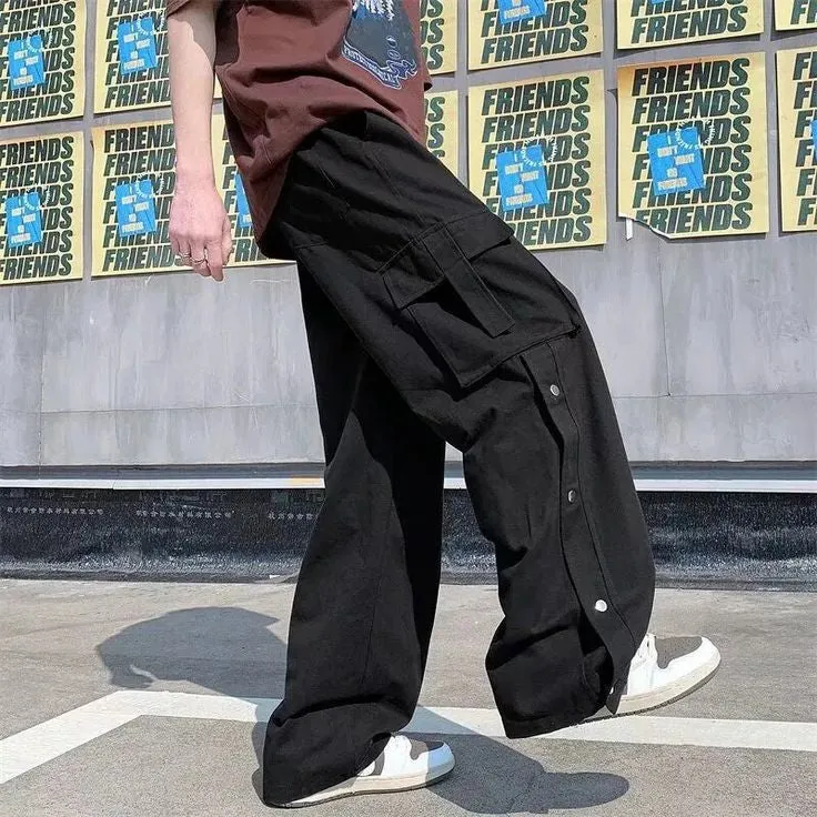 Vintage Black Utility Cargo Pants Flap Pocket Wide Leg Y2K Pants Streetwear Casual Drawstring Elastic Waist Cargo Pants For Mens