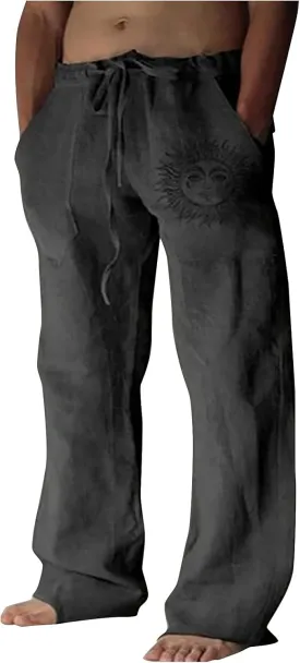 WENKOMG1 Mens Cotton Linen Pants,Wide Leg Drawstring Closure Pull On Trousers Loose Fit Baggy Lounge Wide Leg Bottoms