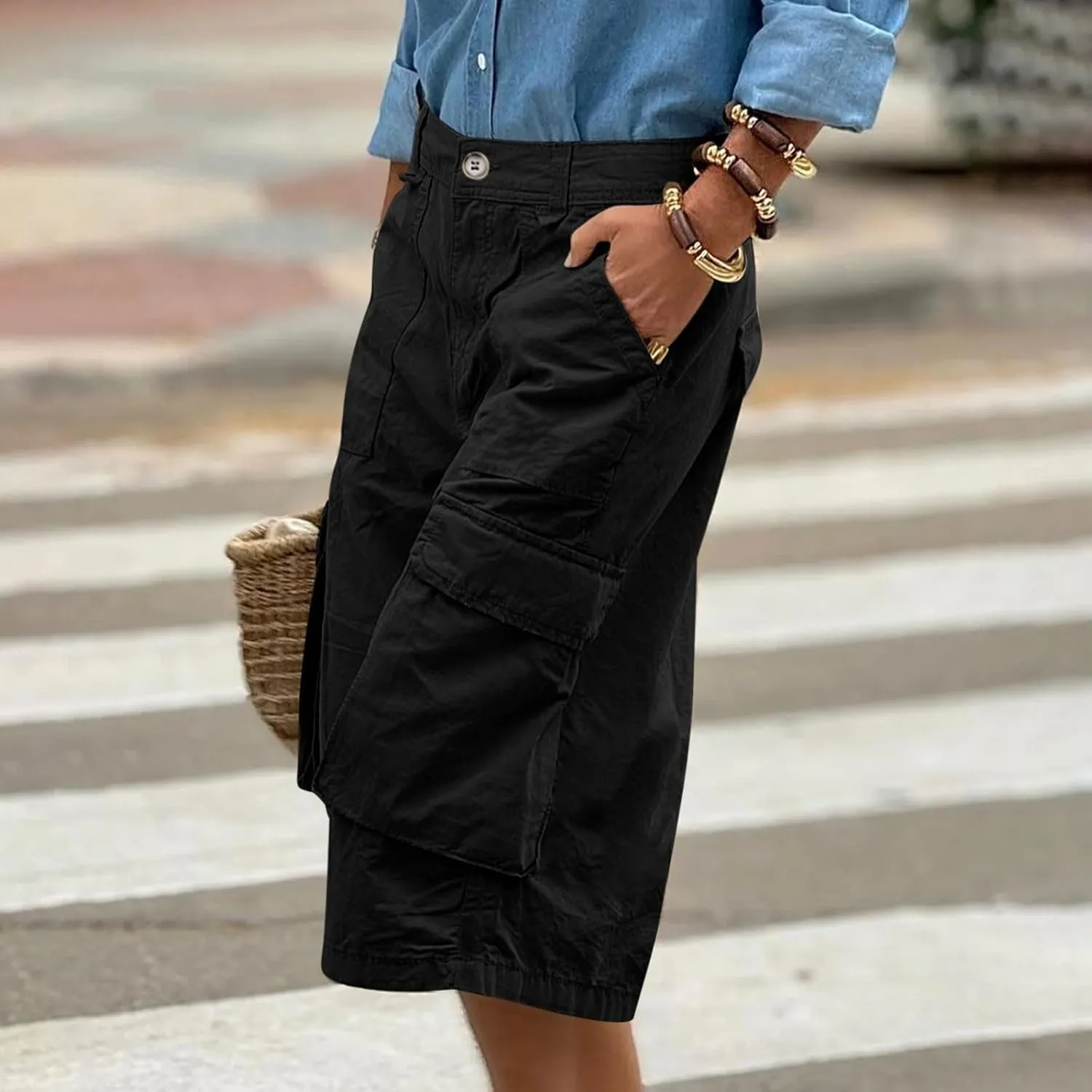 Wide Leg Capri Pants for Women 2025 Vintage High Waisted Cargo Capris with Pockets Chino Baggy Cropped Hiking Pants