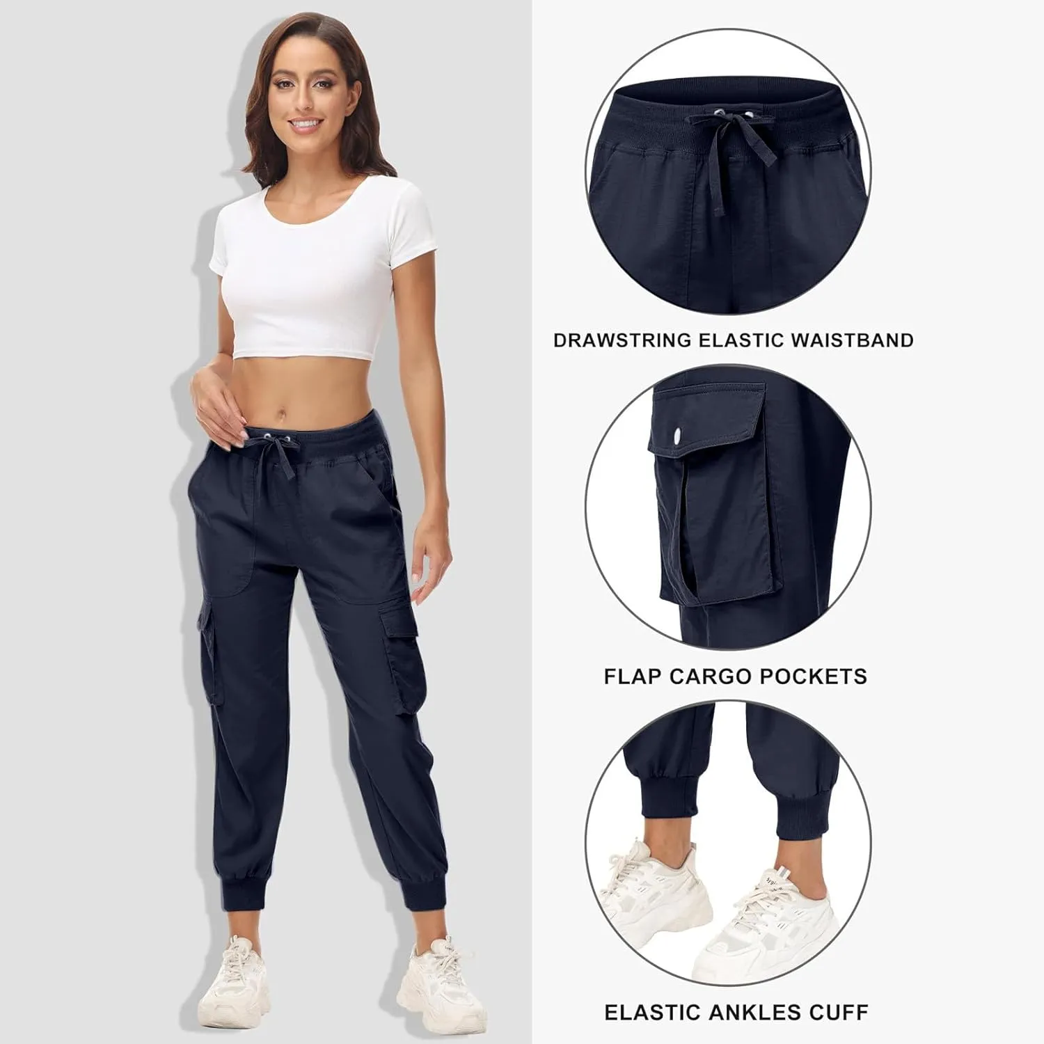 Womens Cargo Jogger Pants with Pockets High Waist Elastic Cuffs Capri Pants Outdoor Hiking Tactical Utility Trousers