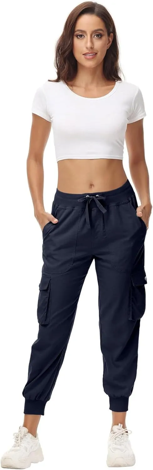 Womens Cargo Jogger Pants with Pockets High Waist Elastic Cuffs Capri Pants Outdoor Hiking Tactical Utility Trousers