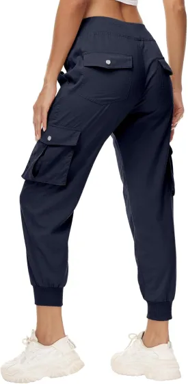 Womens Cargo Jogger Pants with Pockets High Waist Elastic Cuffs Capri Pants Outdoor Hiking Tactical Utility Trousers