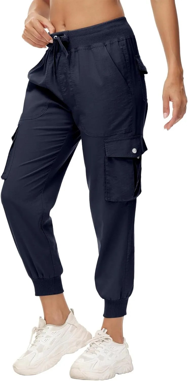 Womens Cargo Jogger Pants with Pockets High Waist Elastic Cuffs Capri Pants Outdoor Hiking Tactical Utility Trousers