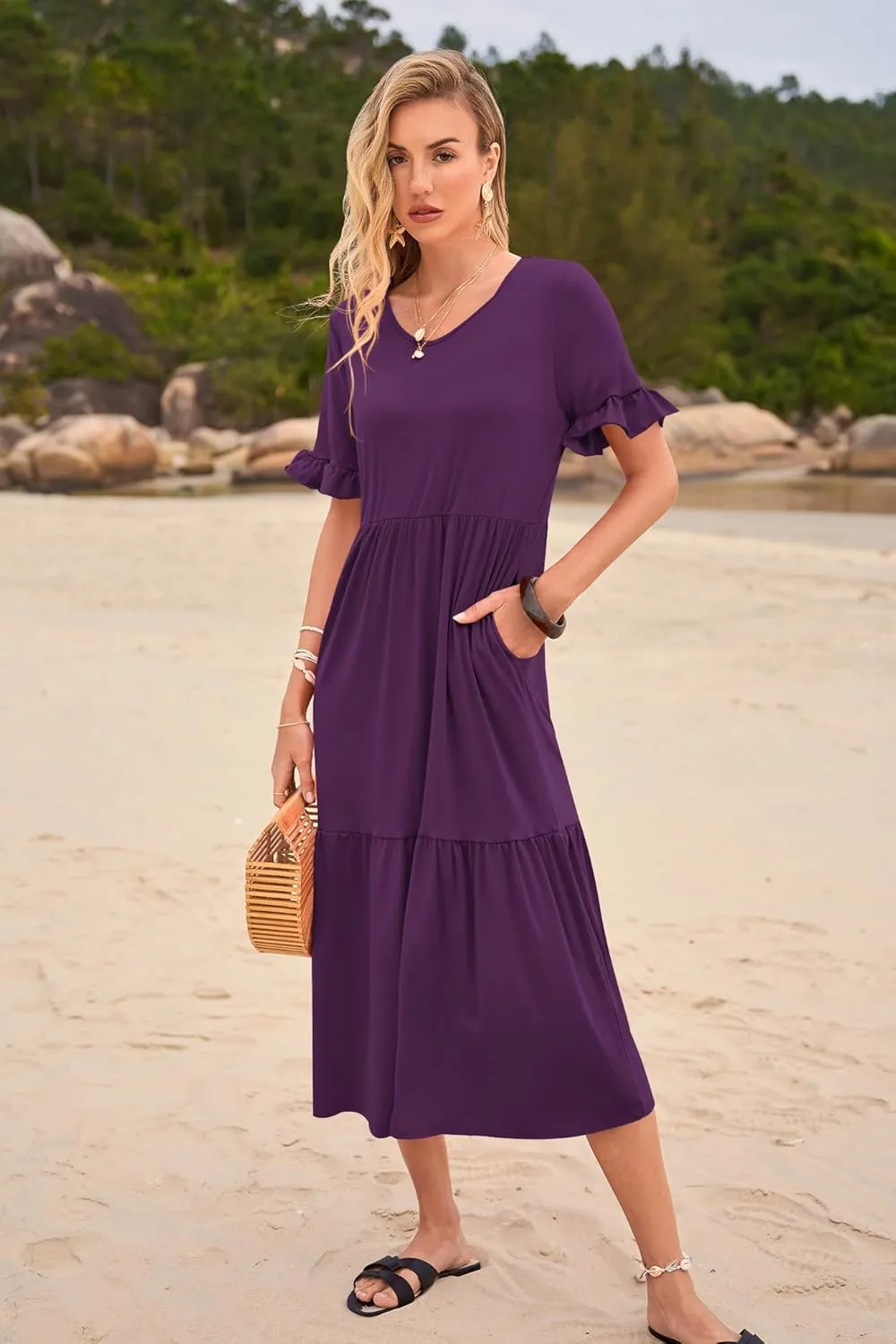 Womens Casual Summer Dress Casual Ruffle Short Sleeve V Neck A Line Flowy Tiered Beach Maxi Dresses with Pockets