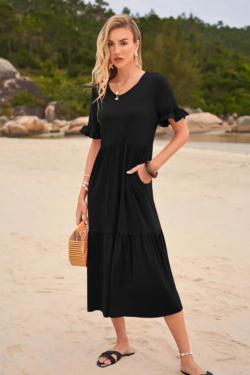 Womens Casual Summer Dress Casual Ruffle Short Sleeve V Neck A Line Flowy Tiered Beach Maxi Dresses with Pockets