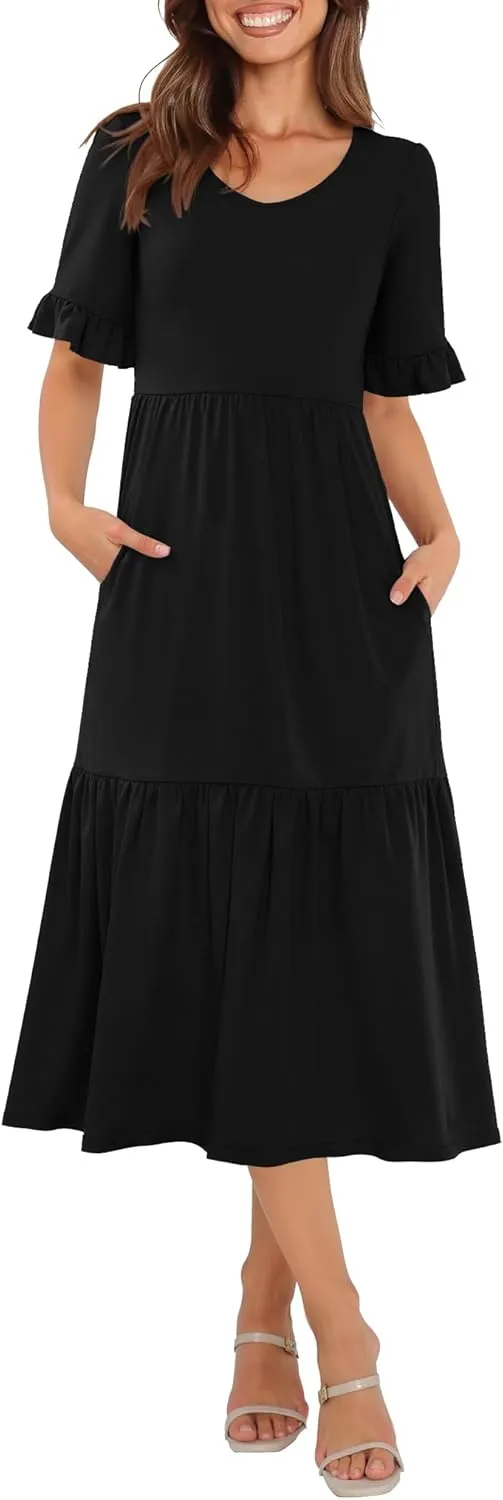 Womens Casual Summer Dress Casual Ruffle Short Sleeve V Neck A Line Flowy Tiered Beach Maxi Dresses with Pockets