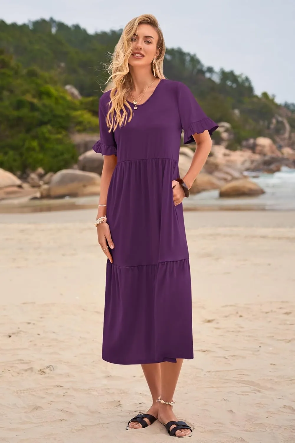 Womens Casual Summer Dress Casual Ruffle Short Sleeve V Neck A Line Flowy Tiered Beach Maxi Dresses with Pockets