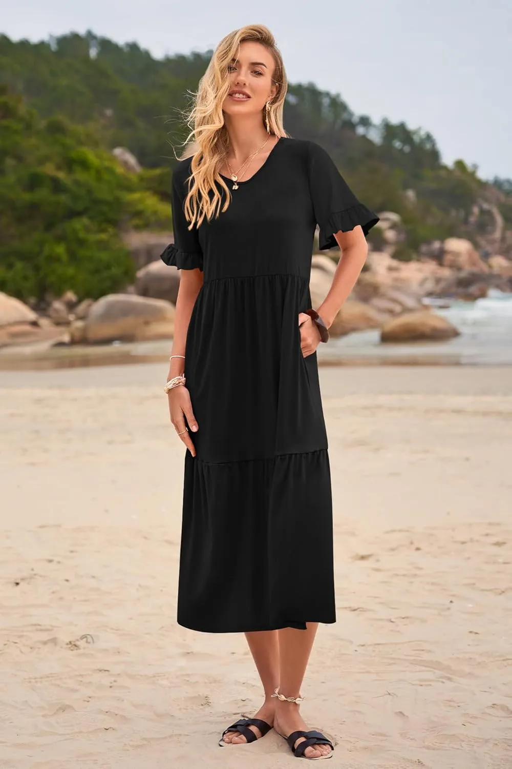 Womens Casual Summer Dress Casual Ruffle Short Sleeve V Neck A Line Flowy Tiered Beach Maxi Dresses with Pockets