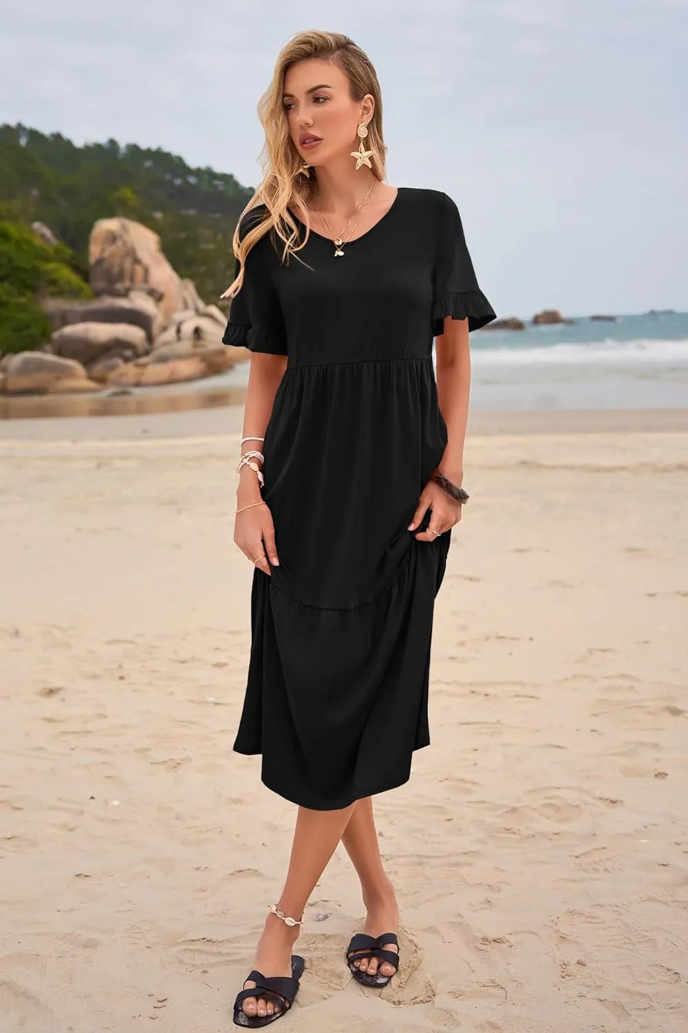Womens Casual Summer Dress Casual Ruffle Short Sleeve V Neck A Line Flowy Tiered Beach Maxi Dresses with Pockets