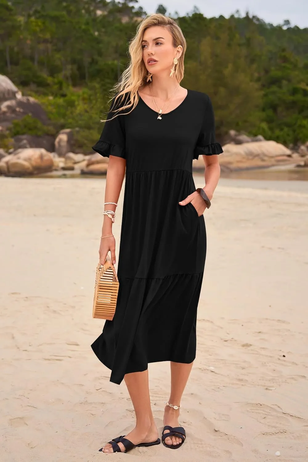 Womens Casual Summer Dress Casual Ruffle Short Sleeve V Neck A Line Flowy Tiered Beach Maxi Dresses with Pockets