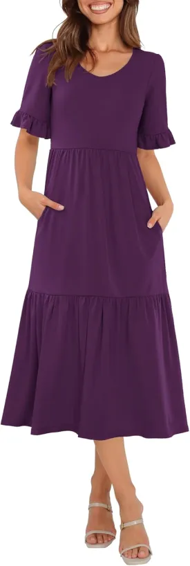 Womens Casual Summer Dress Casual Ruffle Short Sleeve V Neck A Line Flowy Tiered Beach Maxi Dresses with Pockets