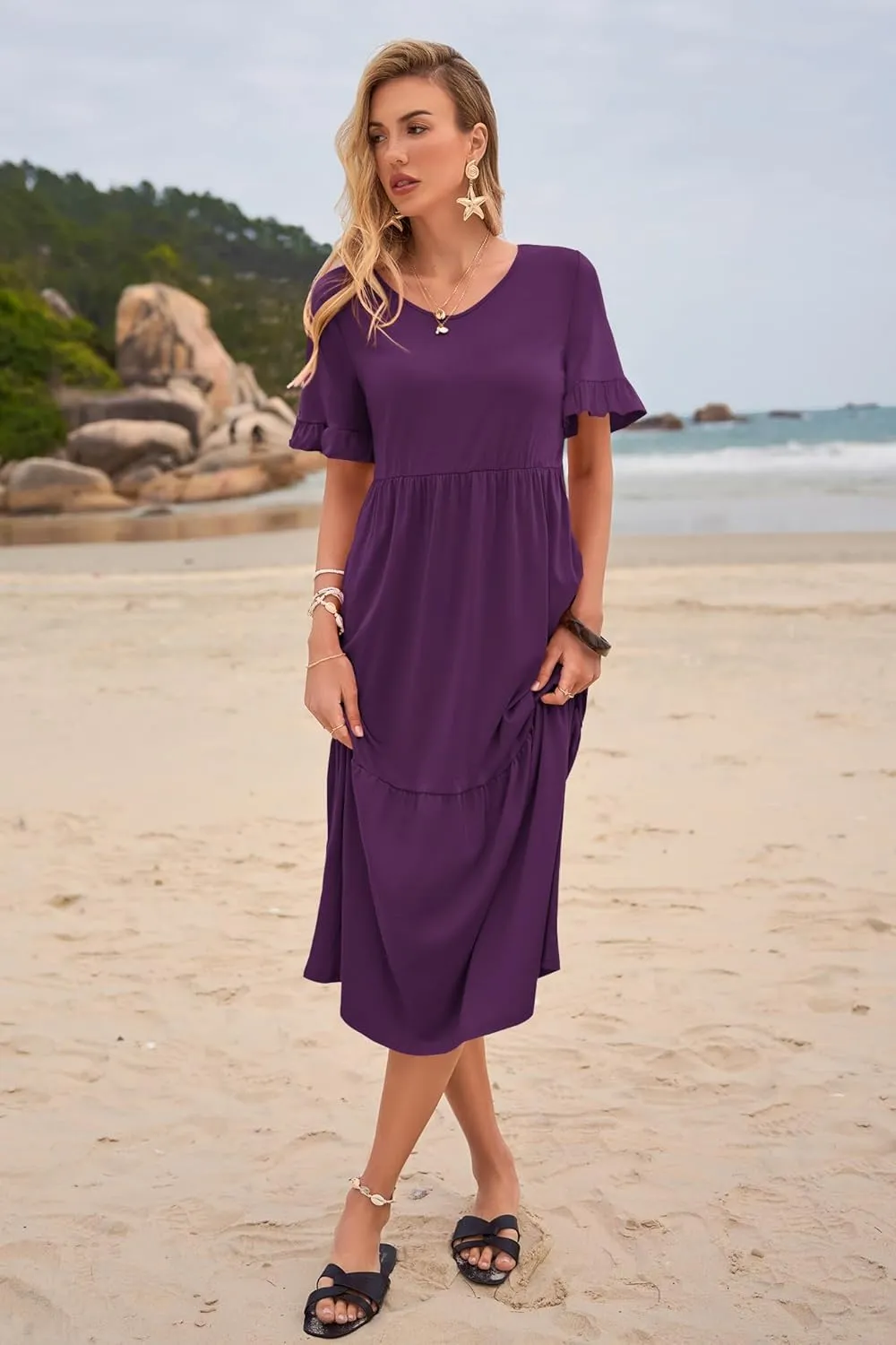 Womens Casual Summer Dress Casual Ruffle Short Sleeve V Neck A Line Flowy Tiered Beach Maxi Dresses with Pockets