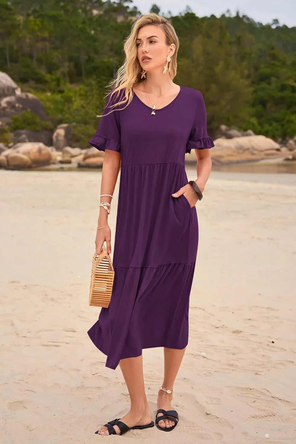Womens Casual Summer Dress Casual Ruffle Short Sleeve V Neck A Line Flowy Tiered Beach Maxi Dresses with Pockets