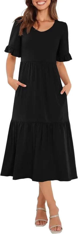 Womens Casual Summer Dress Casual Ruffle Short Sleeve V Neck A Line Flowy Tiered Beach Maxi Dresses with Pockets