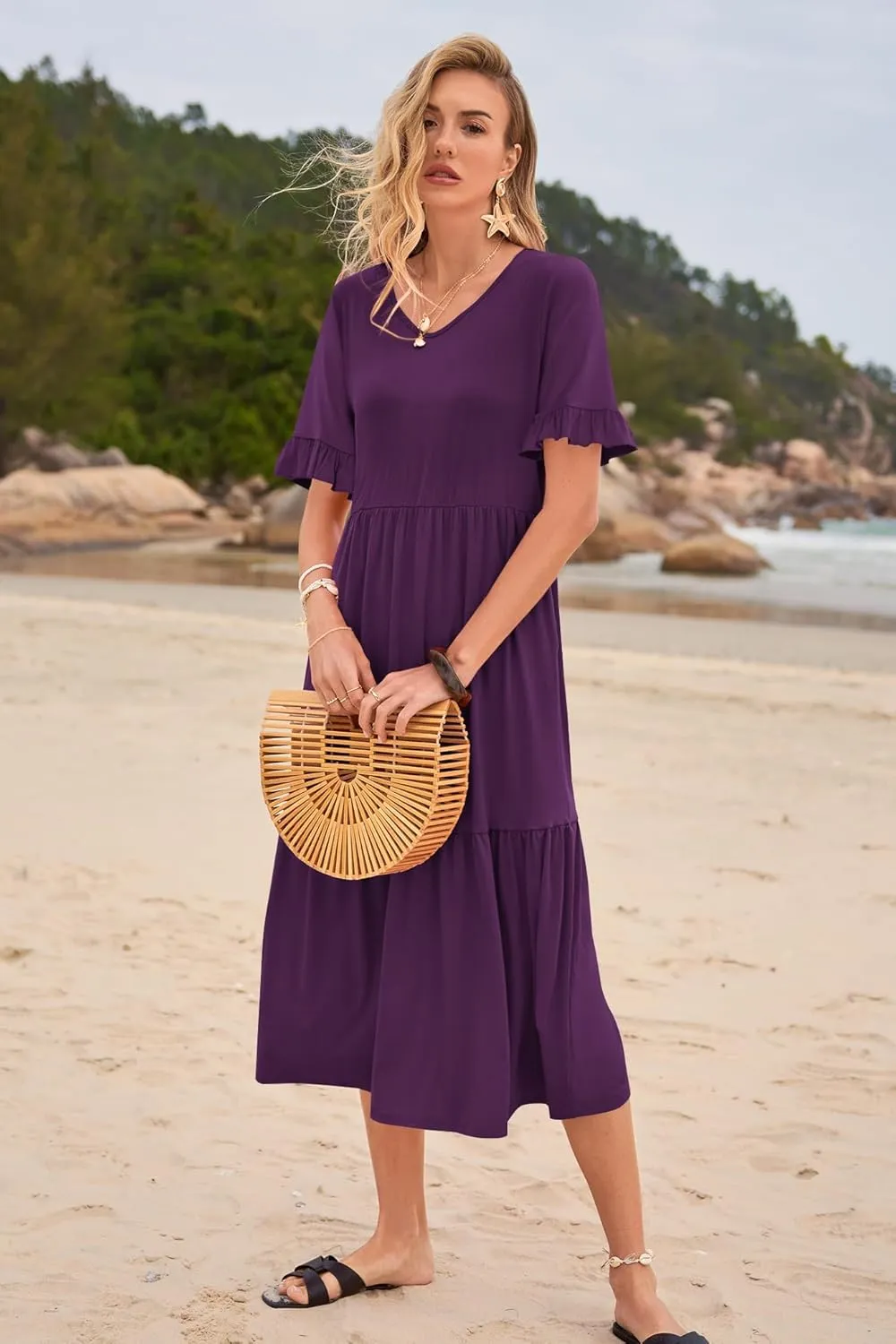 Womens Casual Summer Dress Casual Ruffle Short Sleeve V Neck A Line Flowy Tiered Beach Maxi Dresses with Pockets
