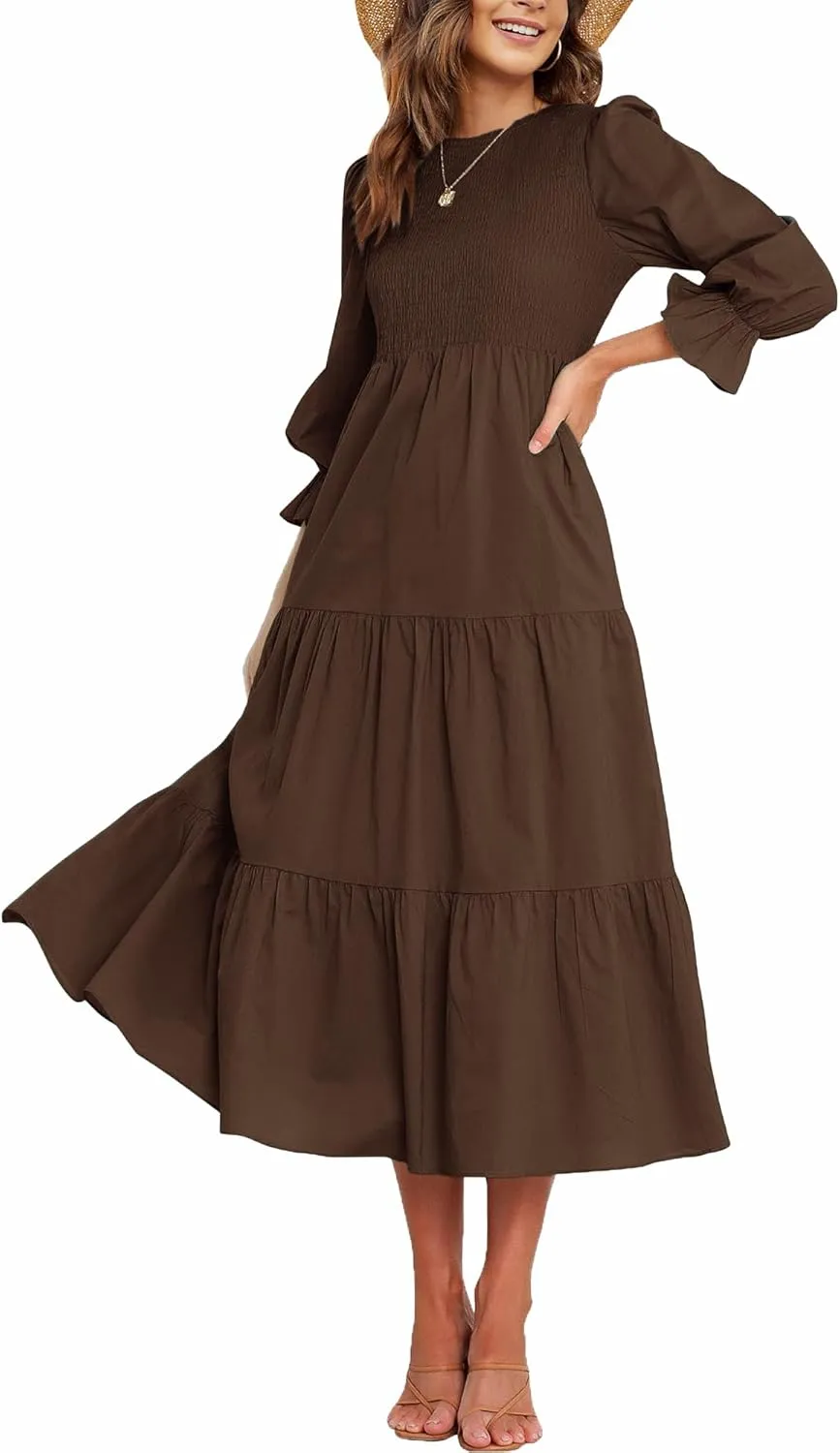 Women's Nursing Dress Flounces Long Sleeve Crew Neck Smocked Bodice Ruched Elastic Waist Tiered Midi with Pockets