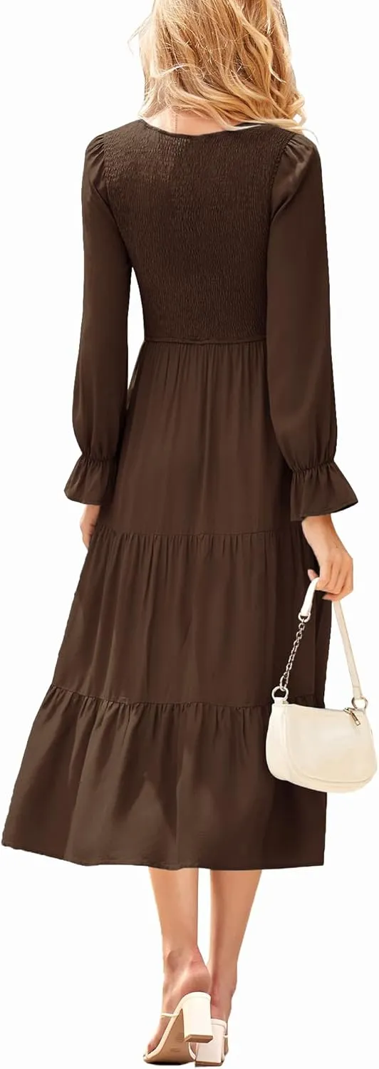 Women's Nursing Dress Flounces Long Sleeve Crew Neck Smocked Bodice Ruched Elastic Waist Tiered Midi with Pockets
